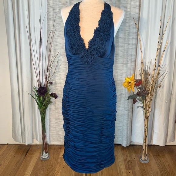Adrianna Papell solid blue gathered halter styled evening party dress. - Picture 2 of 16